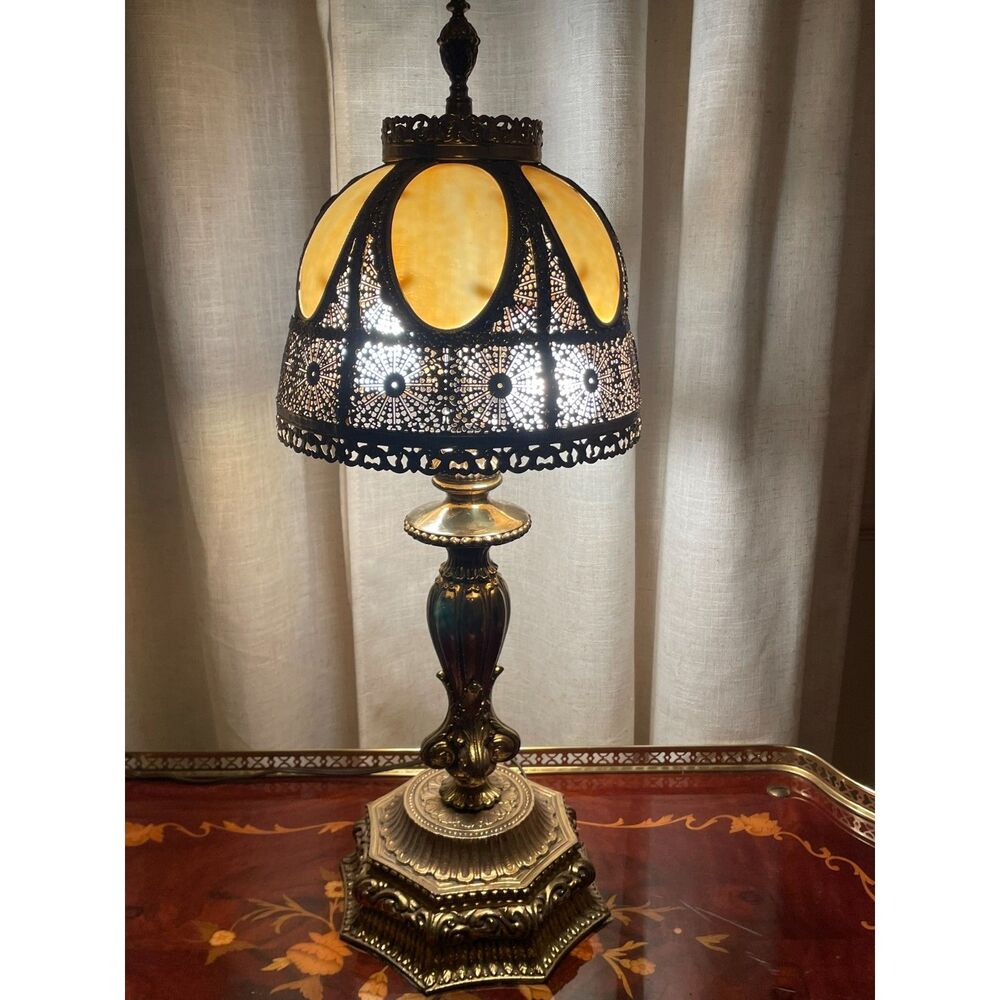 Antique Art Nouveau 6-Panel Slag Glass Table Lamp Repair Project-Missing 1 Panel
